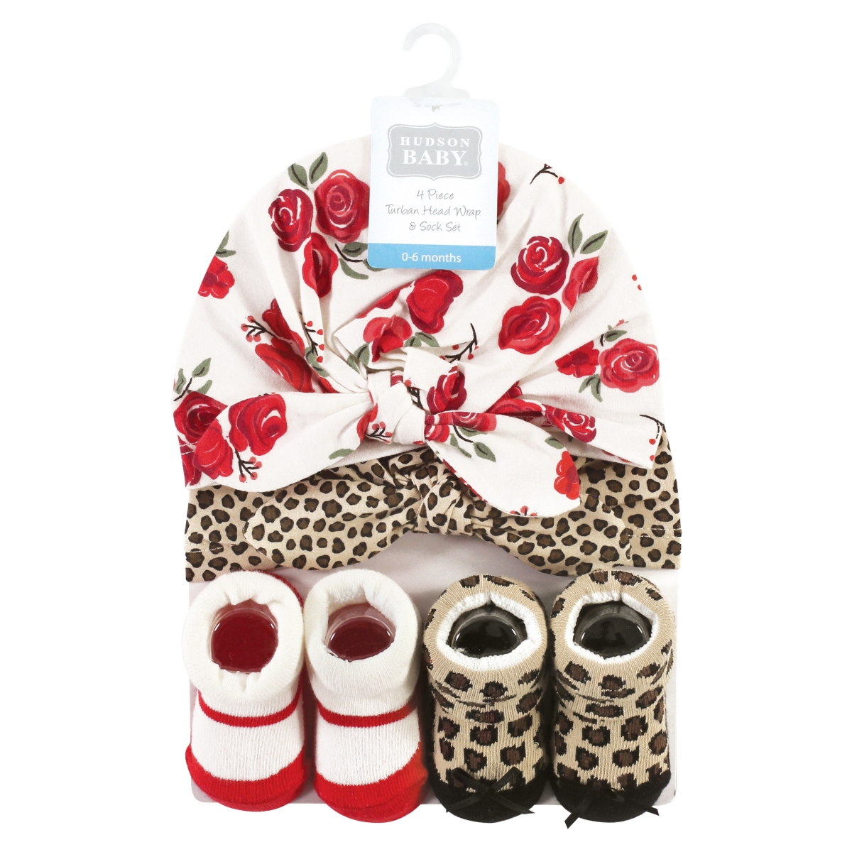 Hudson Baby Infant Girl Turban and Socks Set, One Size - Red rose leopard