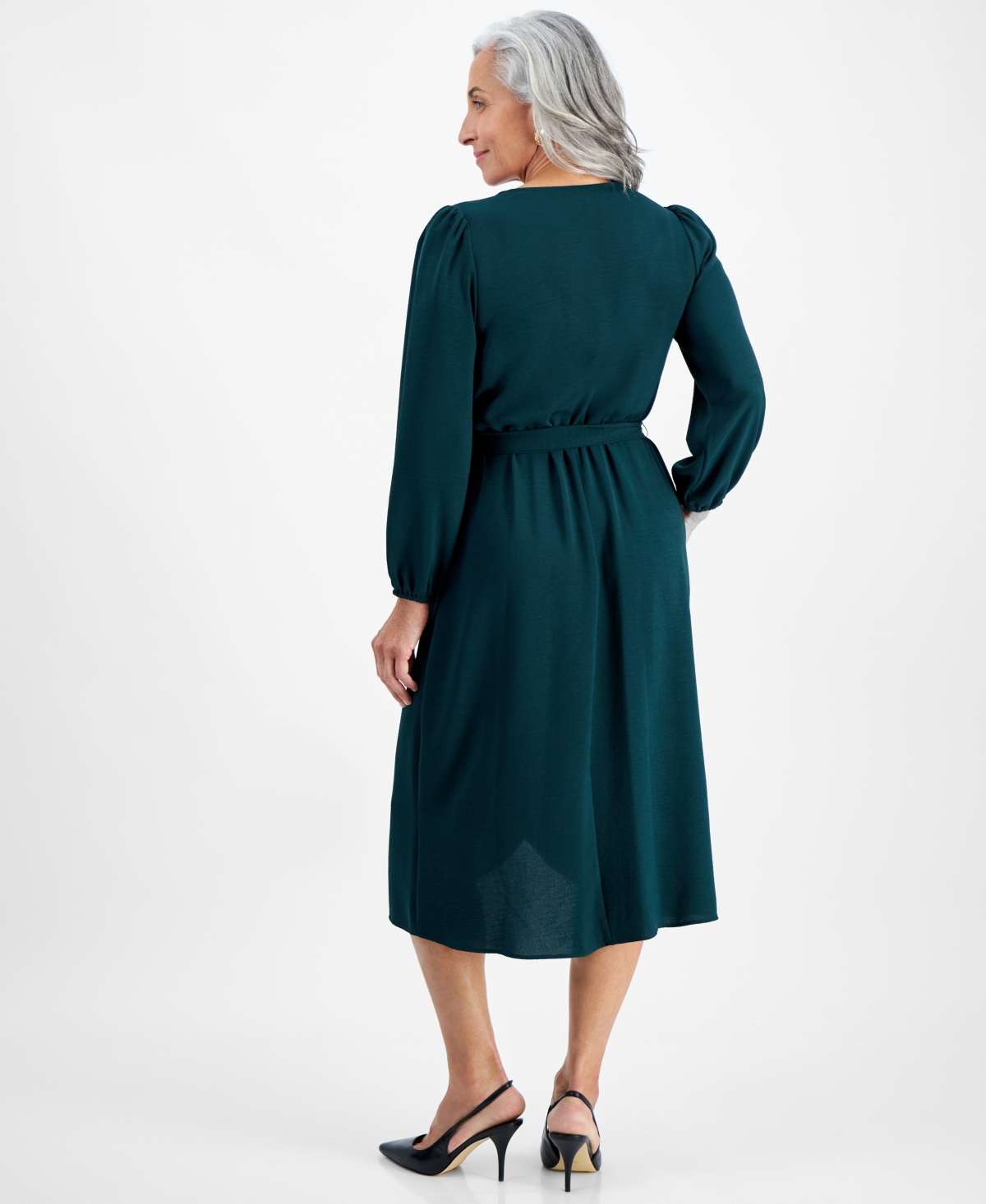 CONNECTED PETITE LONG-SLEEVE TIED WRAP DRESS 