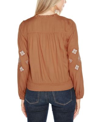 Black Label Women’s Embroidered Blouson Sleeve V-Neck Blouse Top