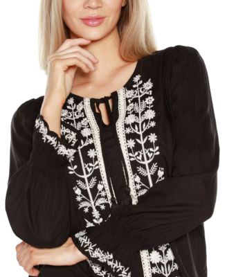 Black Label Women’s Tie-Neck Embroidered-Front Blouse Top
