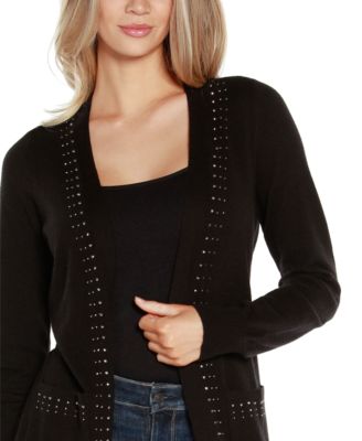Black Label Women’s Rhinestone-Trim Belted Duster Cardigan ZIP UP sweater