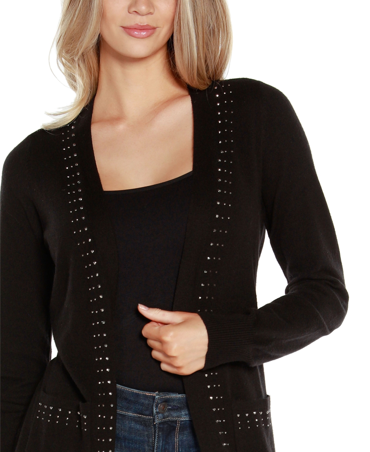 BelldiniLabel Women's Rhinestone-Trim Belted Duster Cardigan Zip Up sweater - Black