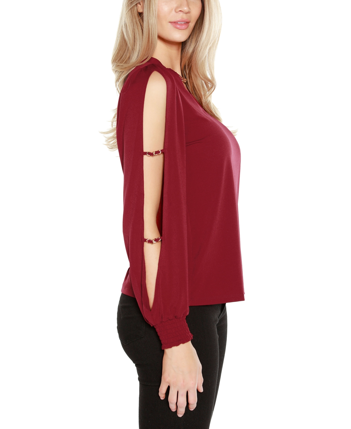 Belldini Black Label Women's Split-Sleeve Chain-Neck Keyhole Top