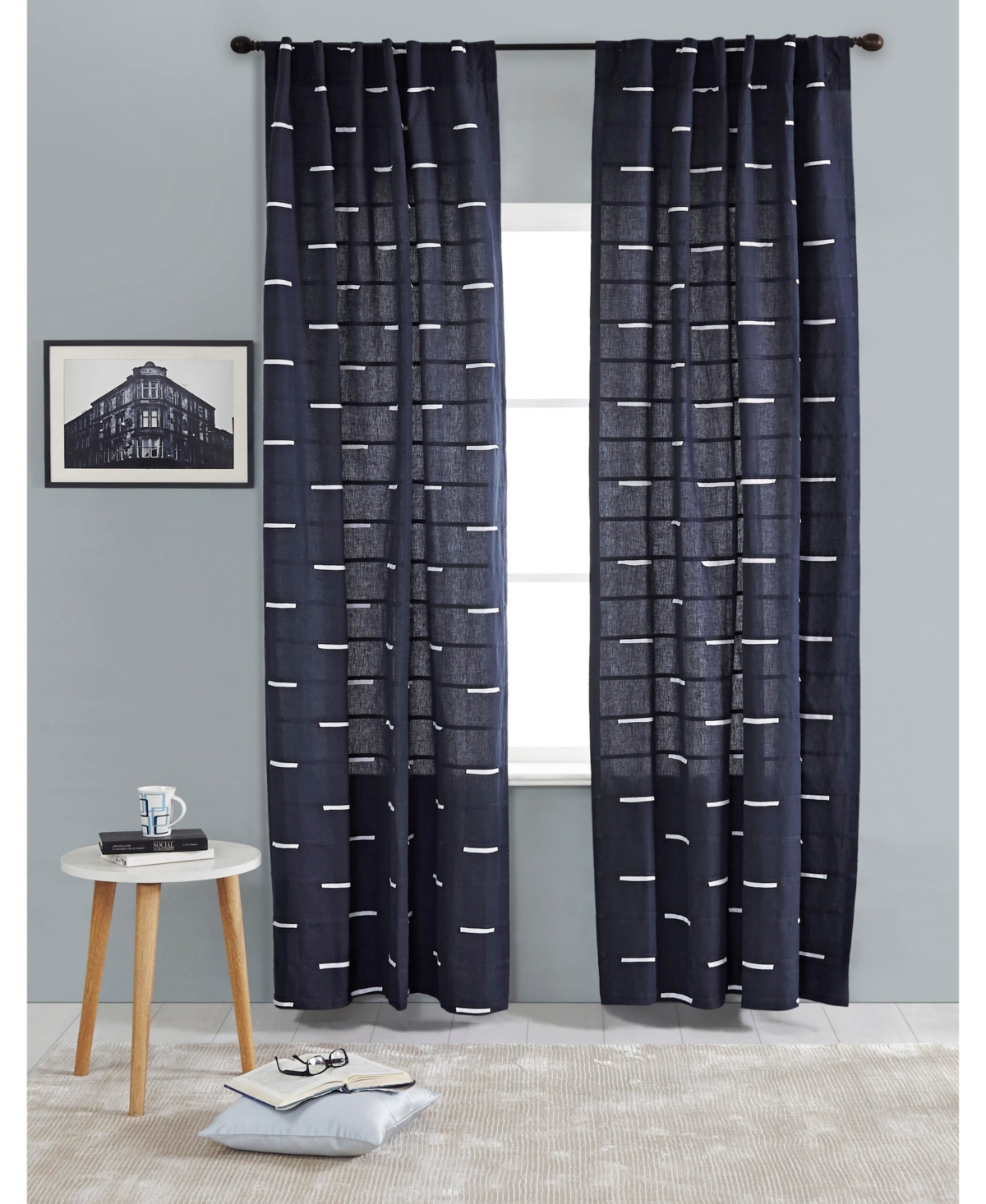 Westwood Linen Cotton Curtain Panel - Lined with Rod Pocket and Hidden Back Tabs - Navy
