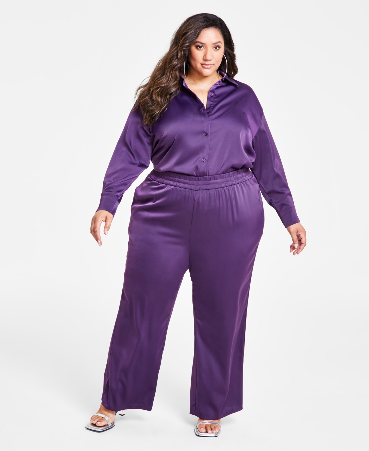 Nina Parker Trendy Plus Size Satin Wide-Leg Pants