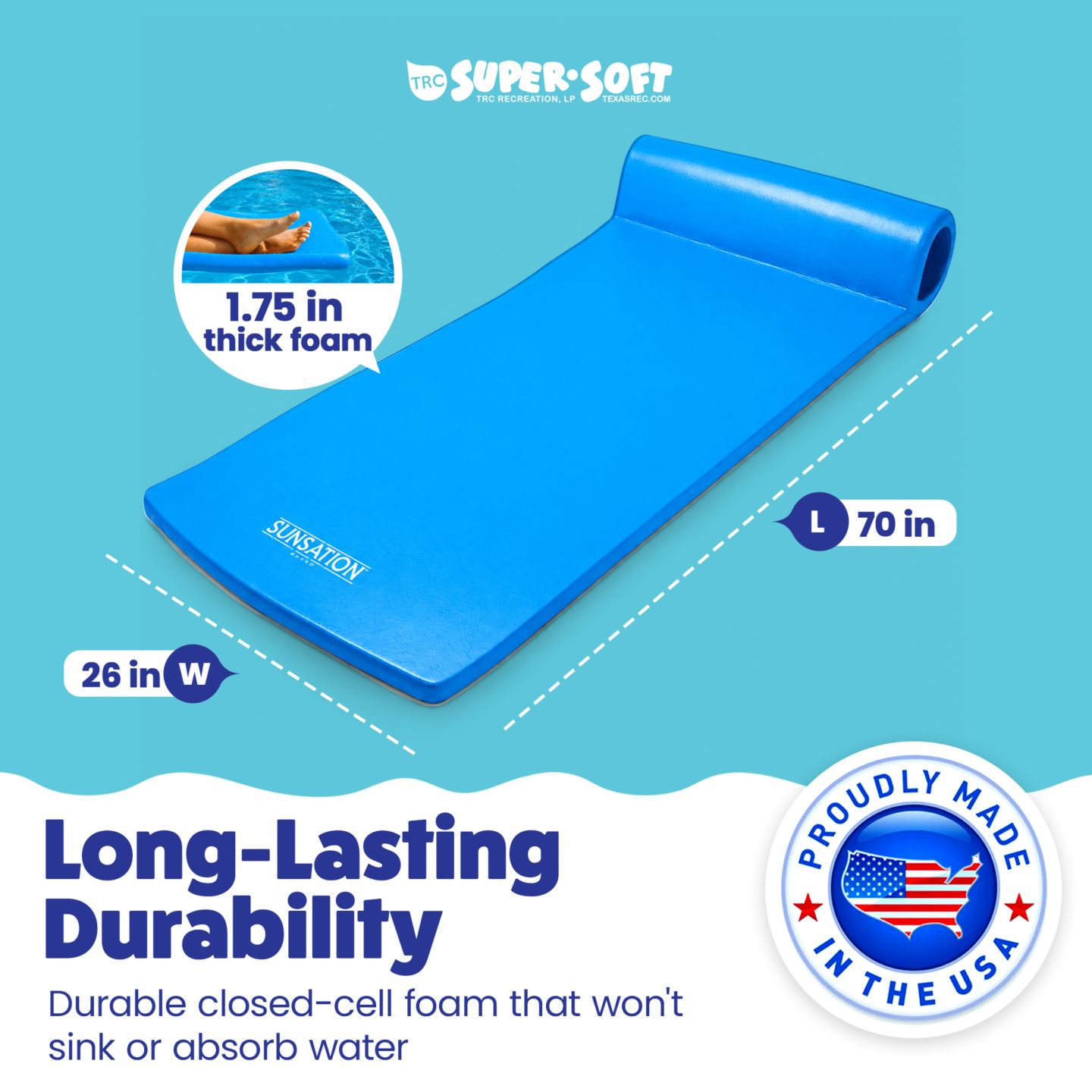 Детская игрушка TRC Recreation Sunsation 1.75" Thick Foam Lounger Raft Pool Float, Bahama Blue — фото 9