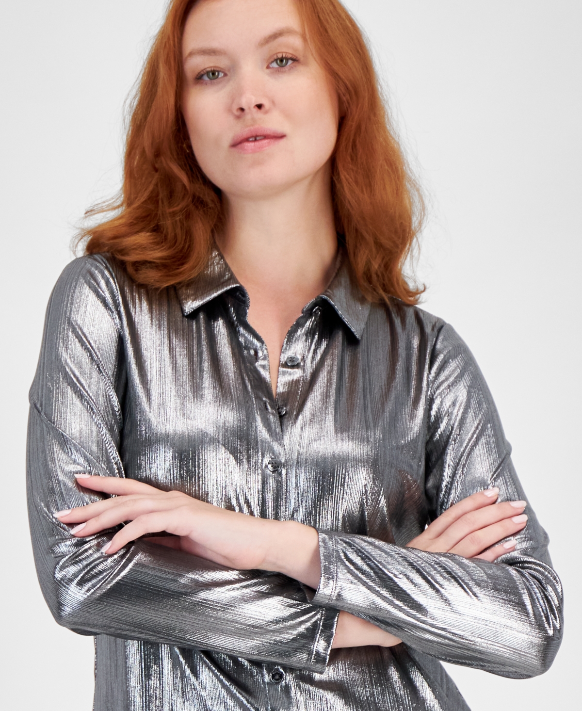Tommy Hilfiger Women's Metallic Long-Sleeve Button-Up Shirt -gunmet