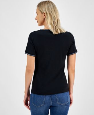 Women's Embellished V-Neck Cotton T-Shirt