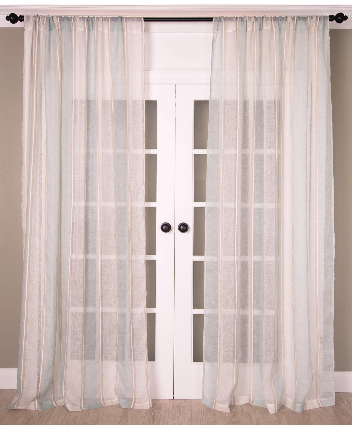Beach Stripe 100-percent Linen Curtain Panel - Sheer with Rod Pocket and Hidden Back Tabs - Turquoise white