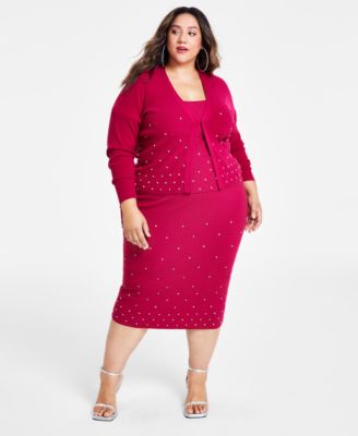 Trendy Plus Size Embellished Rib Knit Cardigan Tank Skirt