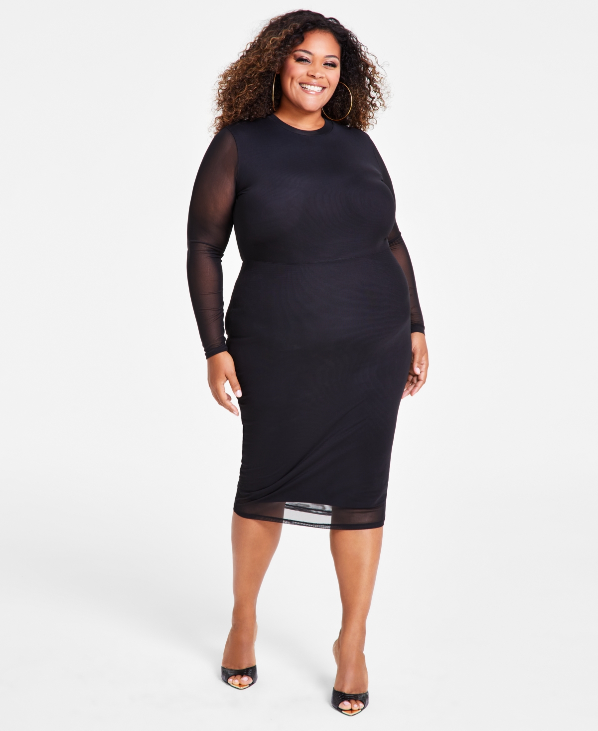 Nina Parker Trendy Plus Size Scoop-neck Long-sleeve Mesh Dress In Black Beau