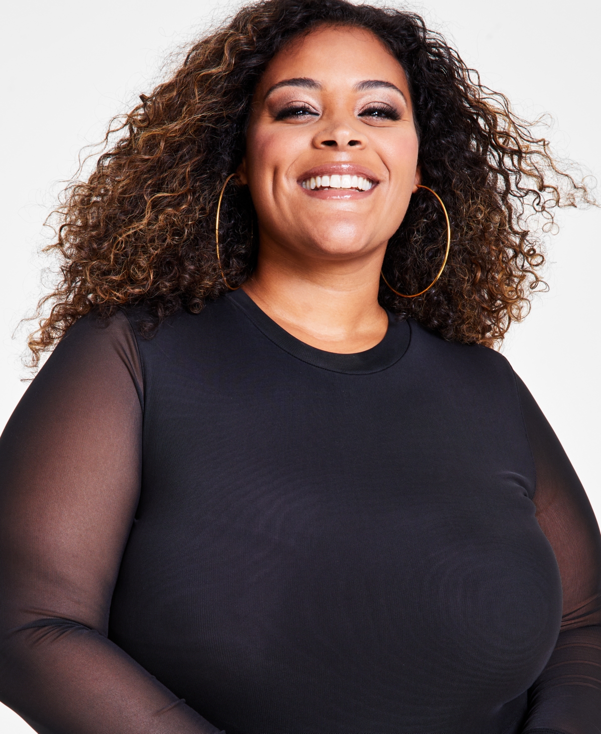 Nina Parker Trendy Plus Size Scoop-neck Long-sleeve Mesh Dress In Black Beau