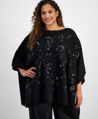 Anne Klein - Plus Size Floral Sequined Poncho Sweater