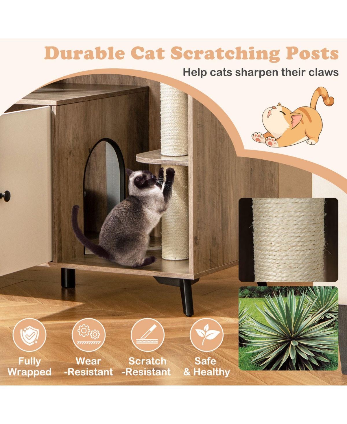 Slickblue Cat Litter Box Enclosure with 3 Sisal Scratching Posts for Indoor Cats-Natural