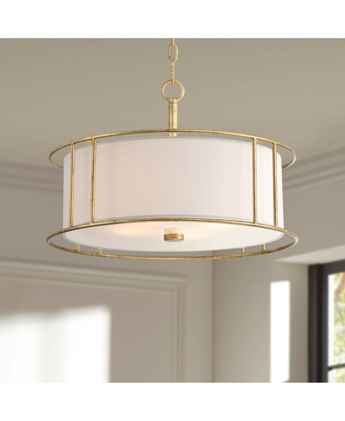 Kahna Painted Gold Pendant Chandelier 20" Wide Modern Metal Cage Frosted Tempered Round Glass Shade 4-Light Fixture for Dining Room House Foyer Kitche
