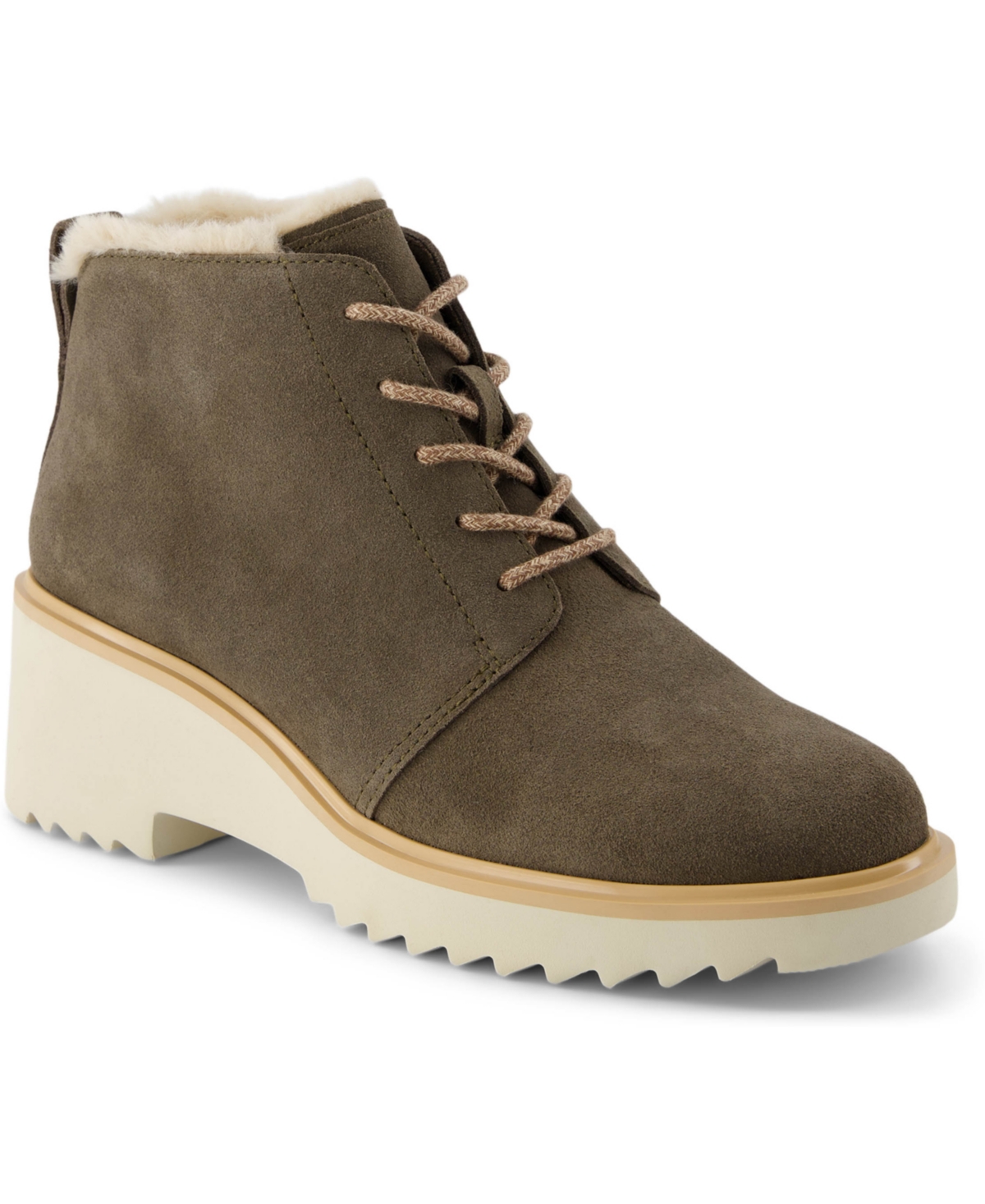 TOMS WOMEN'S MAUDE SUEDE AND FAUX FUR LACE UP WEDGE BOOTIES 
