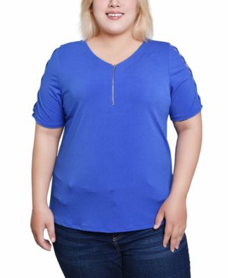 NY Collection - Plus Size Zip-Neck Lattice-Sleeve Top