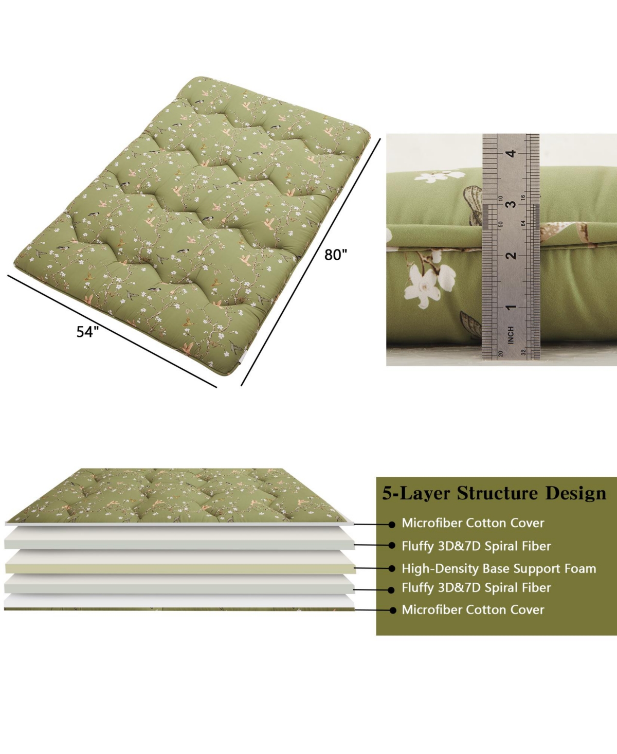 Caromio Size Futon Mattress Floor Mattress Pad Bird Floral Print Portable Dorm Sleeping Pad, 54
