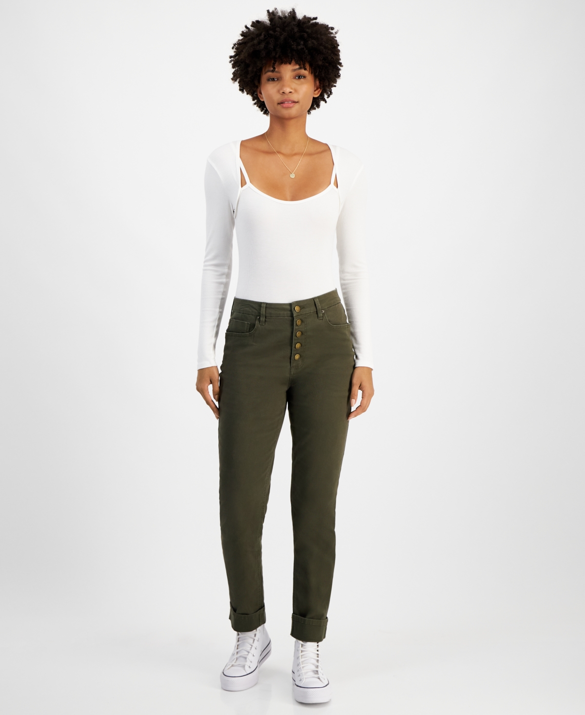 Juniors' High-Rise Slim-Fit Straight-Leg Jeans - Olive