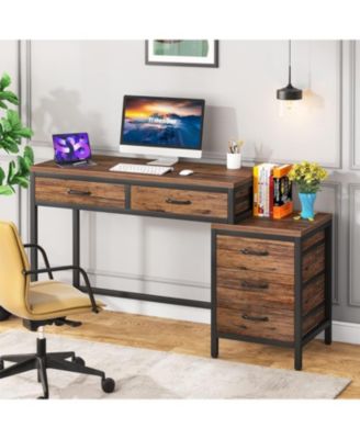 Desk with 5 Drawers, Computer Table, PC Table with Switchable Chest of Drawers, Printer Stand, Wooden Desk Table for Office, Living Room, Home, 130 x 45 x 82 cm