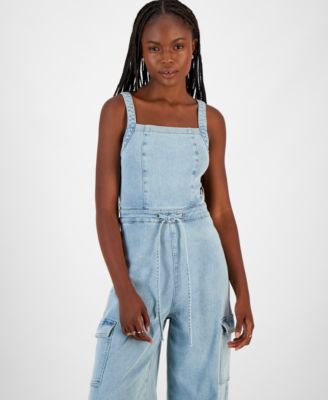 Tinseltown Juniors' Wide-Leg Square-Neck Tie-Front Cargo Jumpsuit