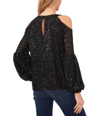 Women's Sequined Long Sleeve Cold-Shoulder Blouse