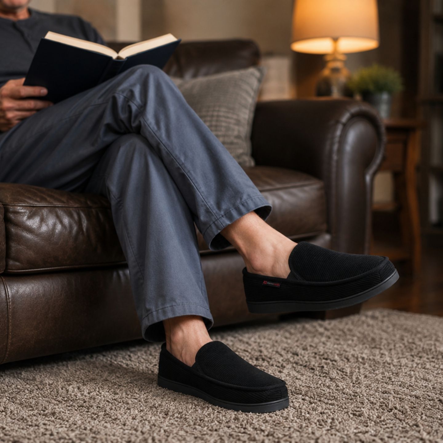 Мужские тапочки Alpine Swiss Wide Slippers Steve Moccasin House Shoes Memory Foam Insole Corduroy Slip-On Terry Lining Indoor Outdoor Non-Slip Rubber Outsole, цвет: Чёрный — фото 29