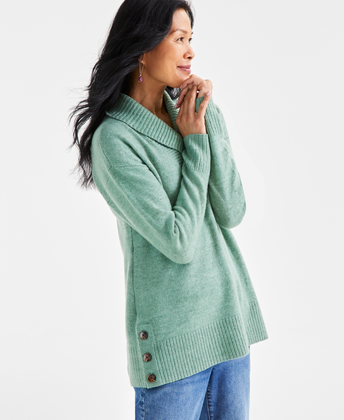 Style & Co Petite Shawl-Collar Button-Trim Tunic Sweater, Created for Macy's