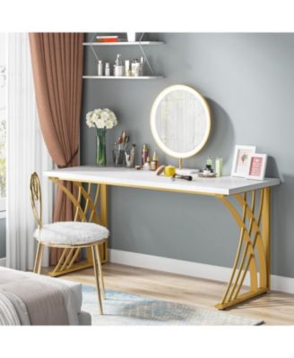 55   Large Modern Computer Desk, White & Gold Luxury Laptop PC Student Table, Makeup Vanity Table, Sturdy Writing Workstation