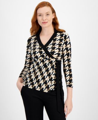 Anne Klein - Women's 3/4-Sleeve Houndstooth Faux-Wrap Top