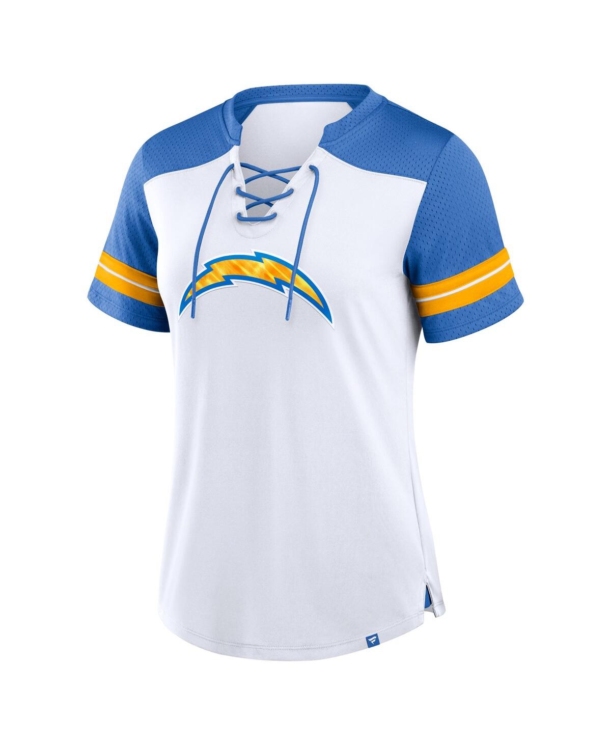 Fanatics Women's White/powder Blue Los Angeles Chargers Foiled Primary Lace-up T-shirt In White,powder Blue