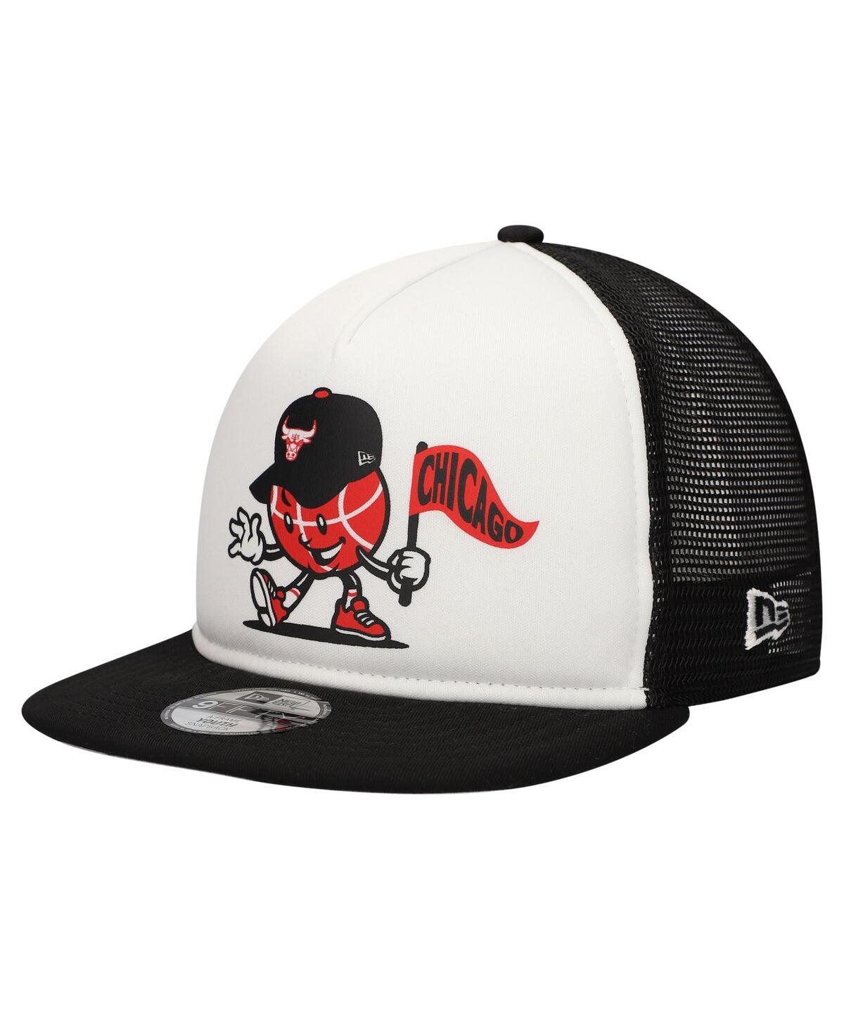 New Era Big Boys And Girls White/black Chicago Bulls Court Sport Mascot 9fifty Snapback Hat In White,black