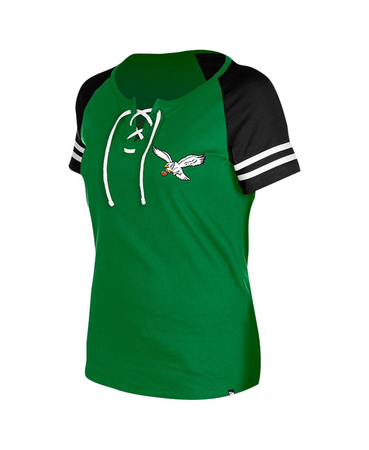 New Era Women's Kelly-Green Philadelphia Eagles Throwback Lace-Up Raglan T-Shirt