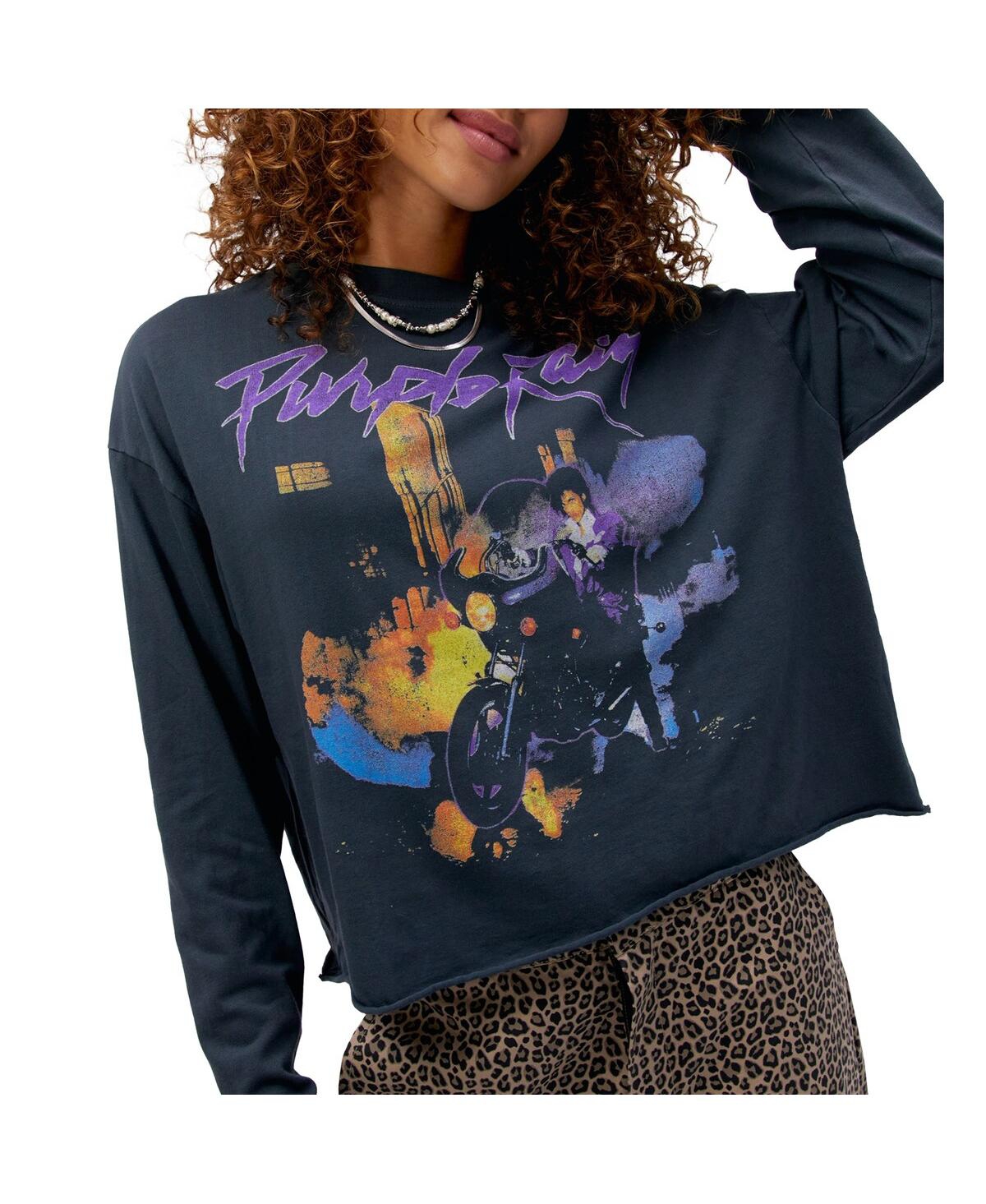 Daydreamer Women'sPrince Purple Rain Cropped Long Sleeve T-Shirt - Black