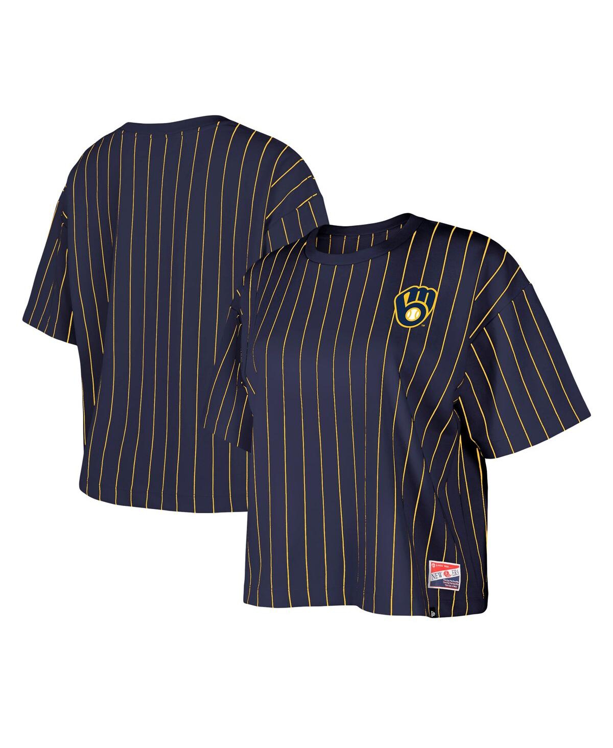 NEW ERA WOMEN'S NAVY MILWAUKEE BREWERS BOXY PINSTRIPE T-SHIRT 