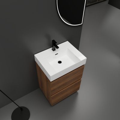 24" Modern Bathroom Vanity with Single Sink, Double Drawer, Brown