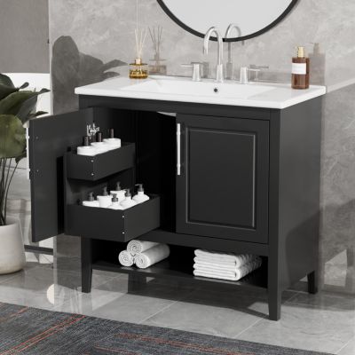 36" Black Bathroom Vanity with Sink, MDF Cabinet with Doors & Drawers