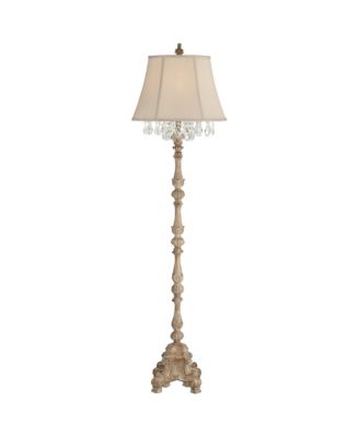 Duval Country Cottage Floor Lamp 63 1/2" Tall Distressed Faux Wood Candlestick Crystal Glass Beading Cream Bell Shade for Living Room
