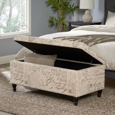 French Script Linen Storage Ottoman