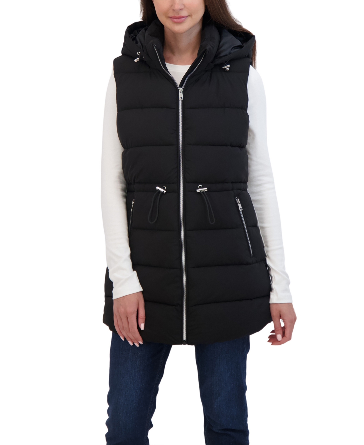 Women's 3/4 Hooded Stretch Puffer Vest With Drawstring Waist - Black