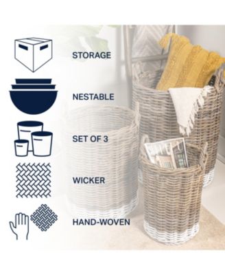 Ternion Cottage Hand-Woven Rattan Nesting Baskets with Handles, Kubu Gray/White (Set of 3)