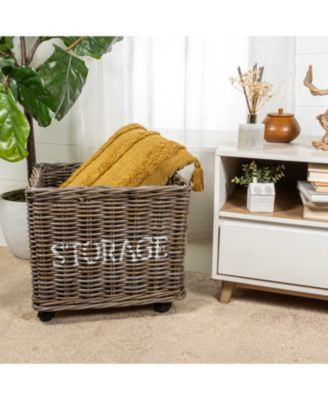 Yael Coastal Hand-Woven &amp;quot;STORAGE&amp;quot; Rattan Basket with Wheels and Handles, Kubu Gray