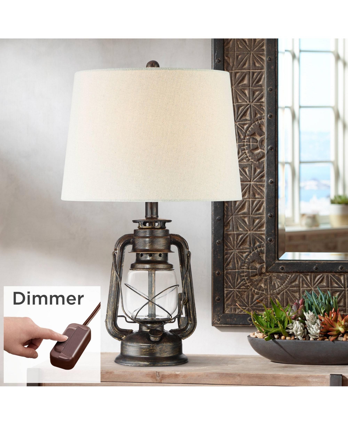 Murphy Industrial Rustic Accent Table Lamp 23" High with Dimmer Weathered Bronze Clear Glass Oatmeal Fabric Drum Shade for Bedroom Living Room Ho