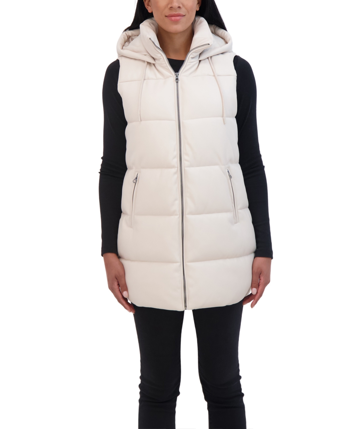 Women's Puffer Faux Leather Vest with Hood - Ivory
