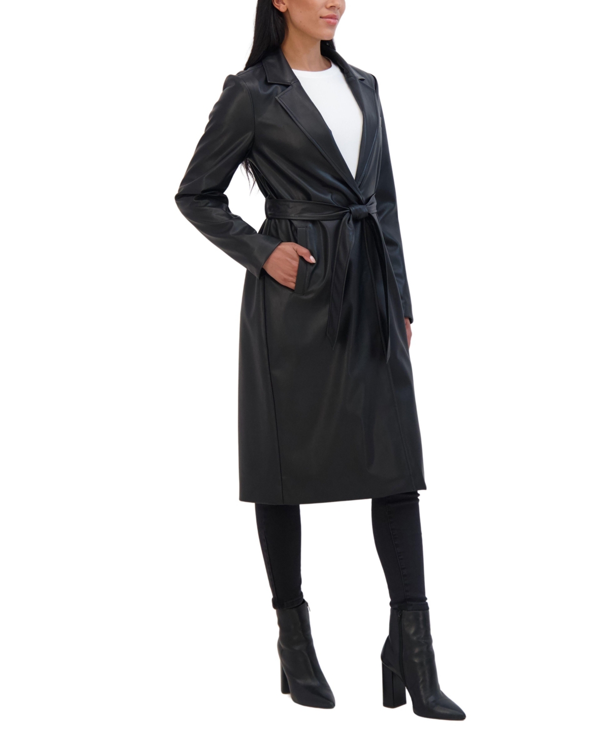 Sebby Collection Women's Belted Snap Front Faux Leather Long Trench Coat