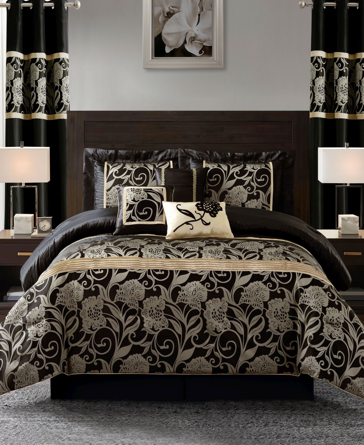 Stratford Park Mollybee Floral 9-pc. Comforter Set, California King In Black Gold