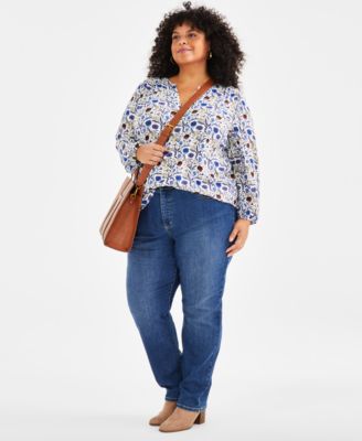 Plus Size Printed Split-Neck Popover Blouse, Created for Style & Co