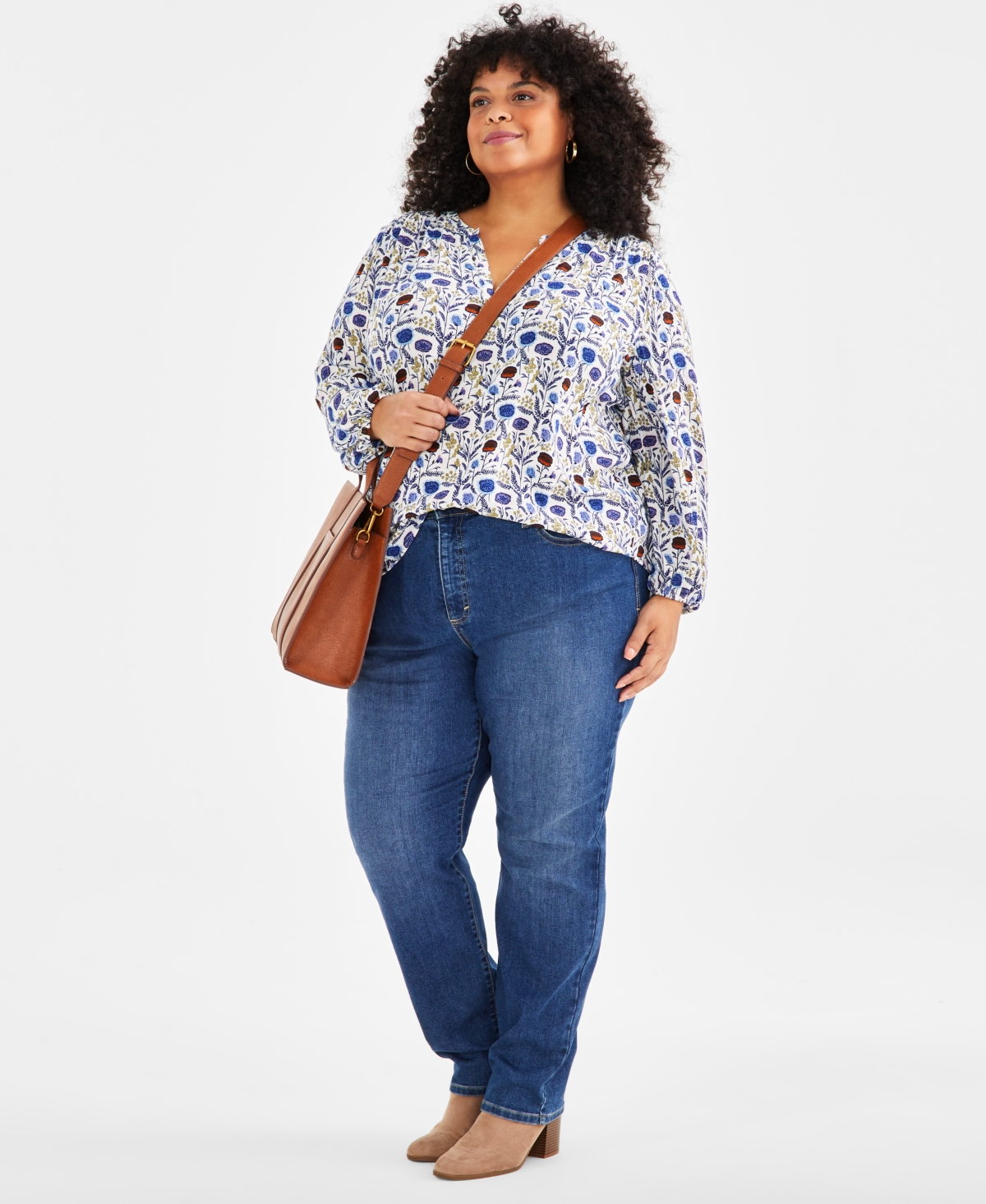 Style & Co Plus Size Printed Split-Neck Popover Blouse, Created for Style & Co