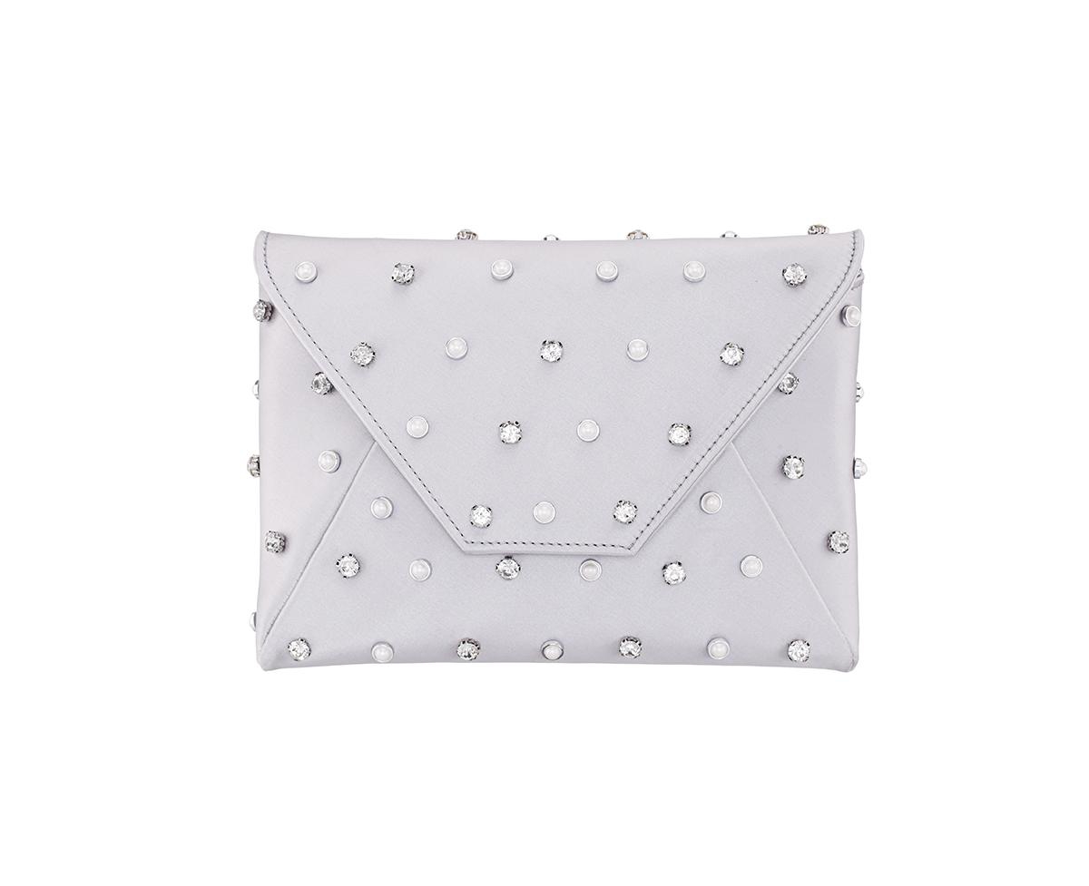Nina Imitation Pearl/crystal Adorned Square Envelope Clutch In Silver