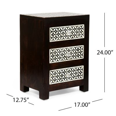 Mango Wood Bone Inlay Nightstand With 3 Drawers